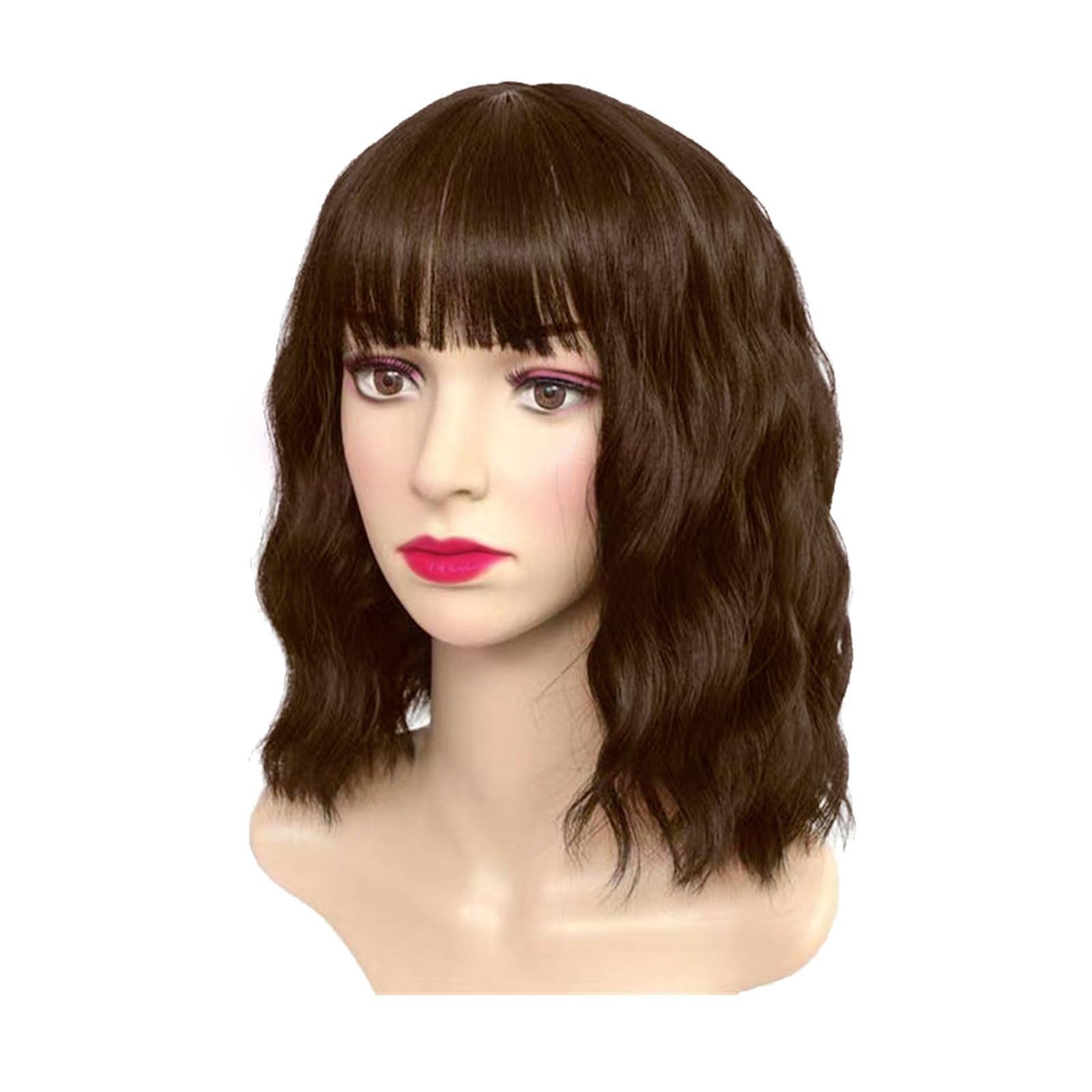 SKHAOVS Curly Fancy Dress Wig With Hair Bangs - Short Wavy Synthetic Bob for Women, Cosplay Party, Halloween - Shoulder Length (Brown)