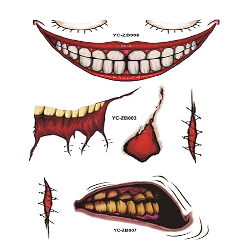 Miniatura 3 de Maquillaje de broma de Halloween, tatuaje temporal, tatuaje de cara de boca grande aterradora, herida de cicatriz, sangrado de sangre para niños,