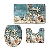 HUGS IDEA Seashell Pattern 3 Piece Bathroom Rug Set Inculded Toilet Seat Cover Bath Mat Lid Toilet Cover