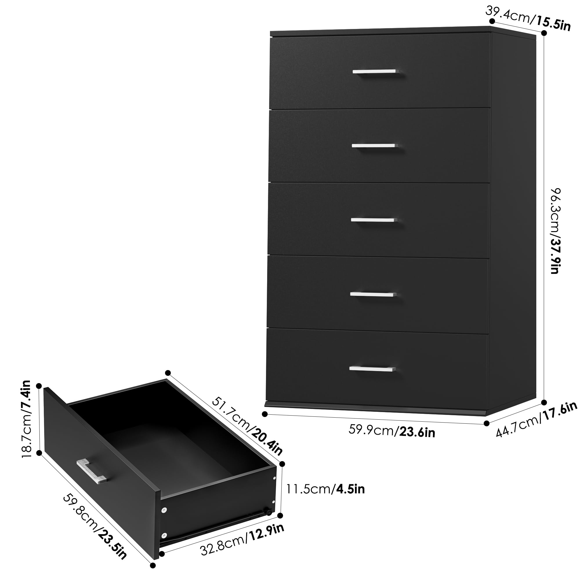 TTVIEW 5 Drawer Dresser Chest, Tall Dresser Storage Tower with Metal ...