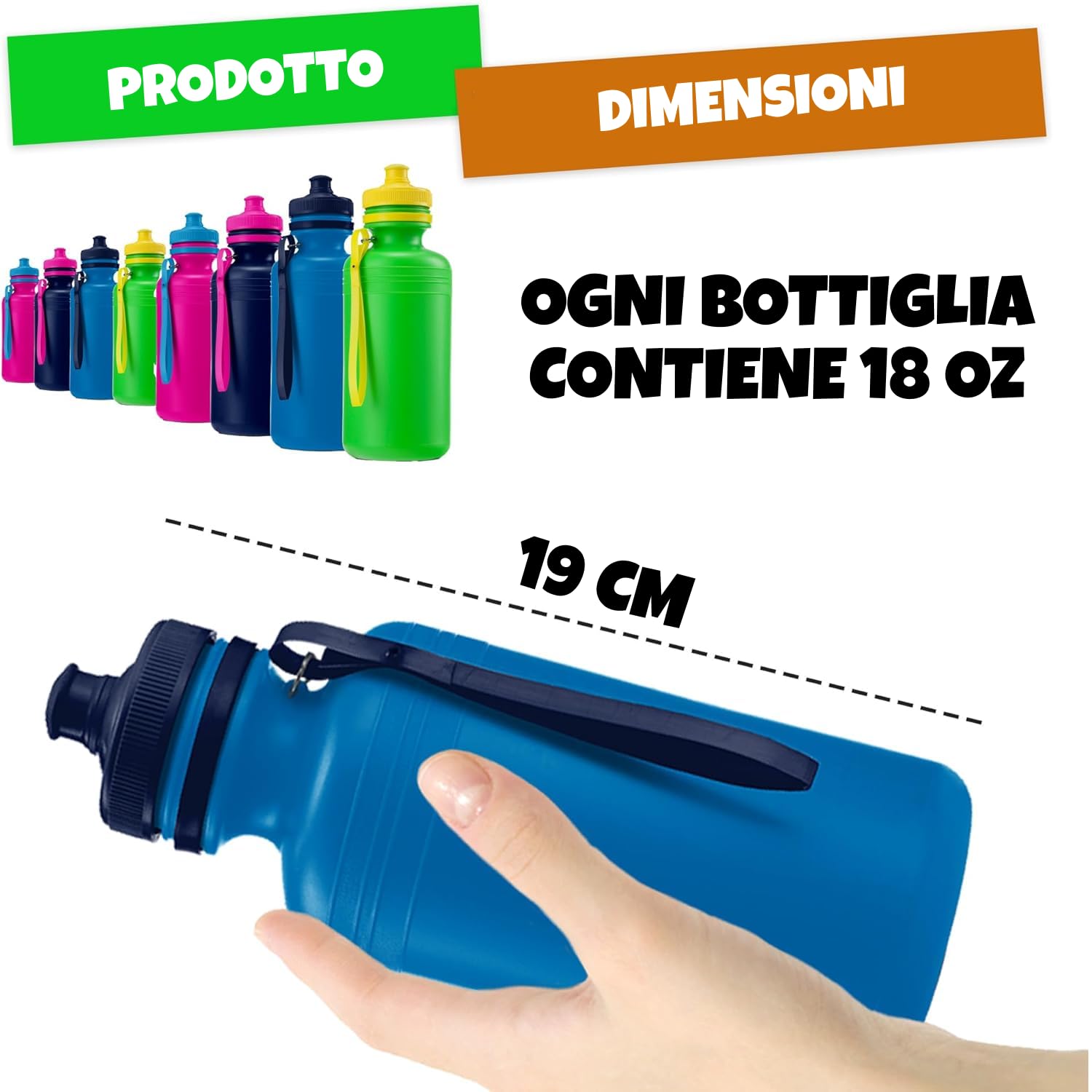 Bedwina Kids Bottiglie d'acqua, confezione da 12 – Bottiglie da 532,3 ml senza BPA con tappo sportivo e manico per la scuola e le attività