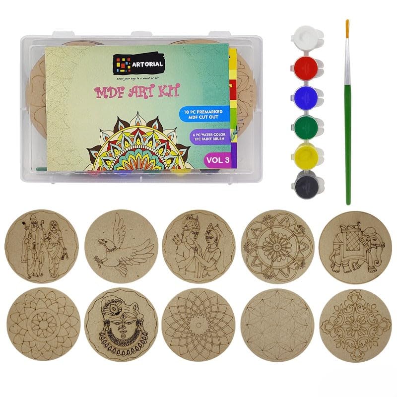 Craftncreation Artorial Mandala Pre Mark MDF Art Kit Costar, Mandala Art Painting Color & Brush Kit for Best Bday Return Gift (Size-4 Inch, Pack of 10 Pcs)