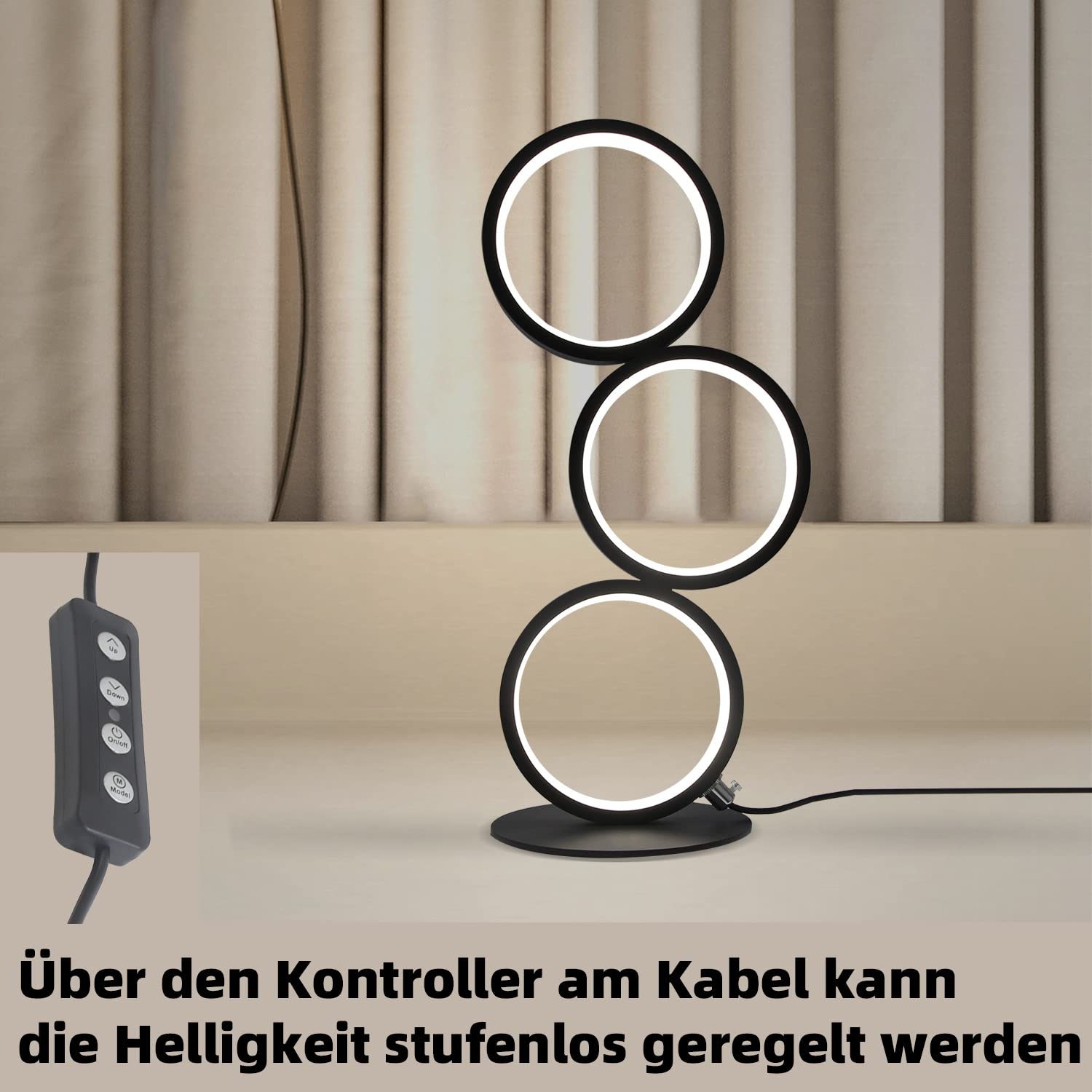 GBLY 2x LED Tischlampe Dimmar Modern Nachttischlampe Schwarz | Schreibtischlampe in Ringform aus Aluminium 12W Deko Nachtlampe mit 2 9M Kabel und EU Stecker Schlafzimmer Wohnzimmer Büro