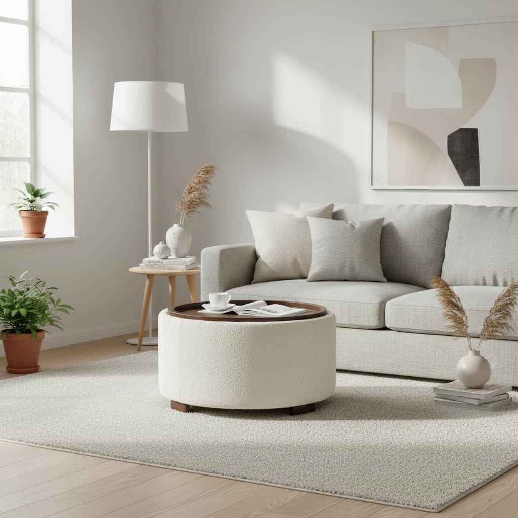 Zihanhome 30 Inch Round Storage Ottoman Coffee Table, Modern Boucle Ottoman with Lift-Off Lid and Solid Wood Legs for Living Room, Bedroom, Corners, Apartments (Beige)