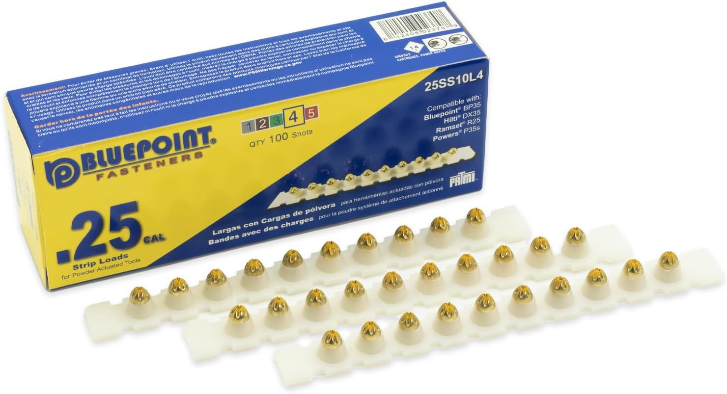 BLUEPOINT .25 Caliber Yellow Strip Powder Loads for Power Actuated Fastening System (1000 - Count). Item# 25SS10L4 10-Pack Save $30