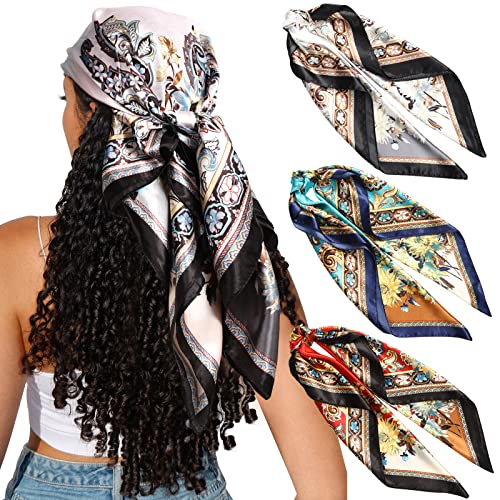 CHLINS 35" Satin Square Hair Scarf Bandanas - 3Pcs Large Silk Head Scarves Lightweight Satin Hair Kerchief Sleeping Hair Wraps for Women (Red+White+Blue)