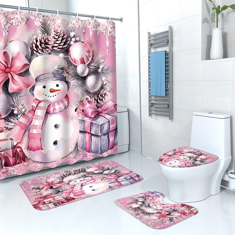 Ensemble de Salle de Bain de Noël en 4 pièces, Ensemble de Rideaux de Douche de Noël, Rideau de Douche avec 12 Crochets