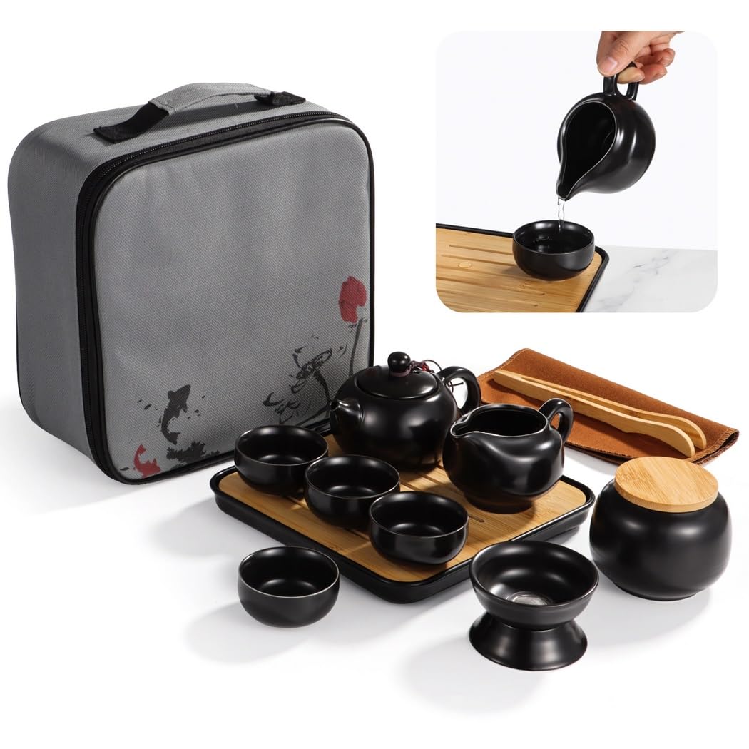 YOFAPA Porcelain Chinese Gongfu Tea Set, Portable Travel Teapot Set with 360°Rotation Tea Maker and Infuser, Ceramic All in One Gift Bag for Home, Office, Travel, Gifting, Magic Teapot Kit (Black)
