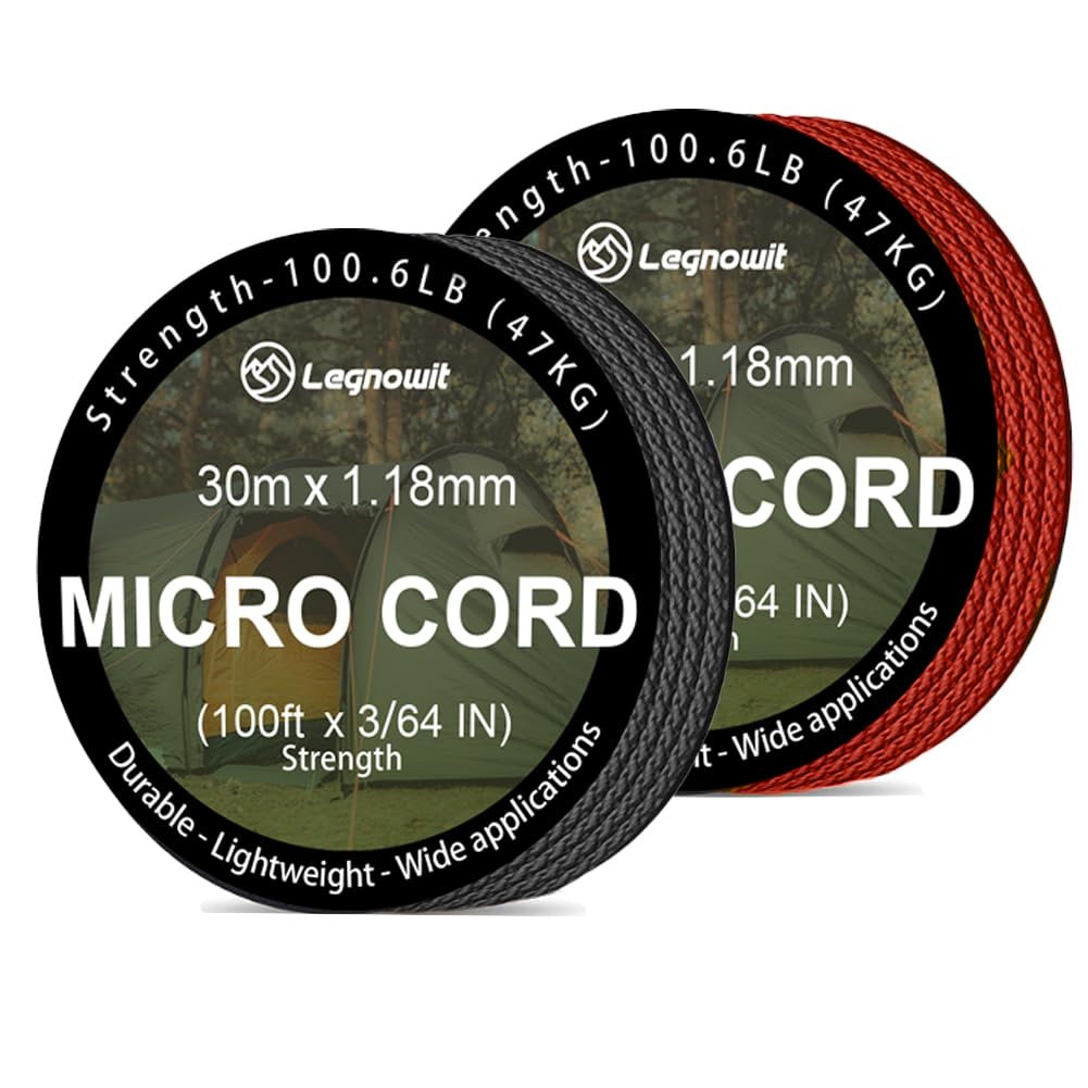 Legnowit Micro Paracord, 2 Pack 1.18mm x 100ft Thin Mini Utility Braided Small Paracord for Crafting, DIY Project, Camping and More