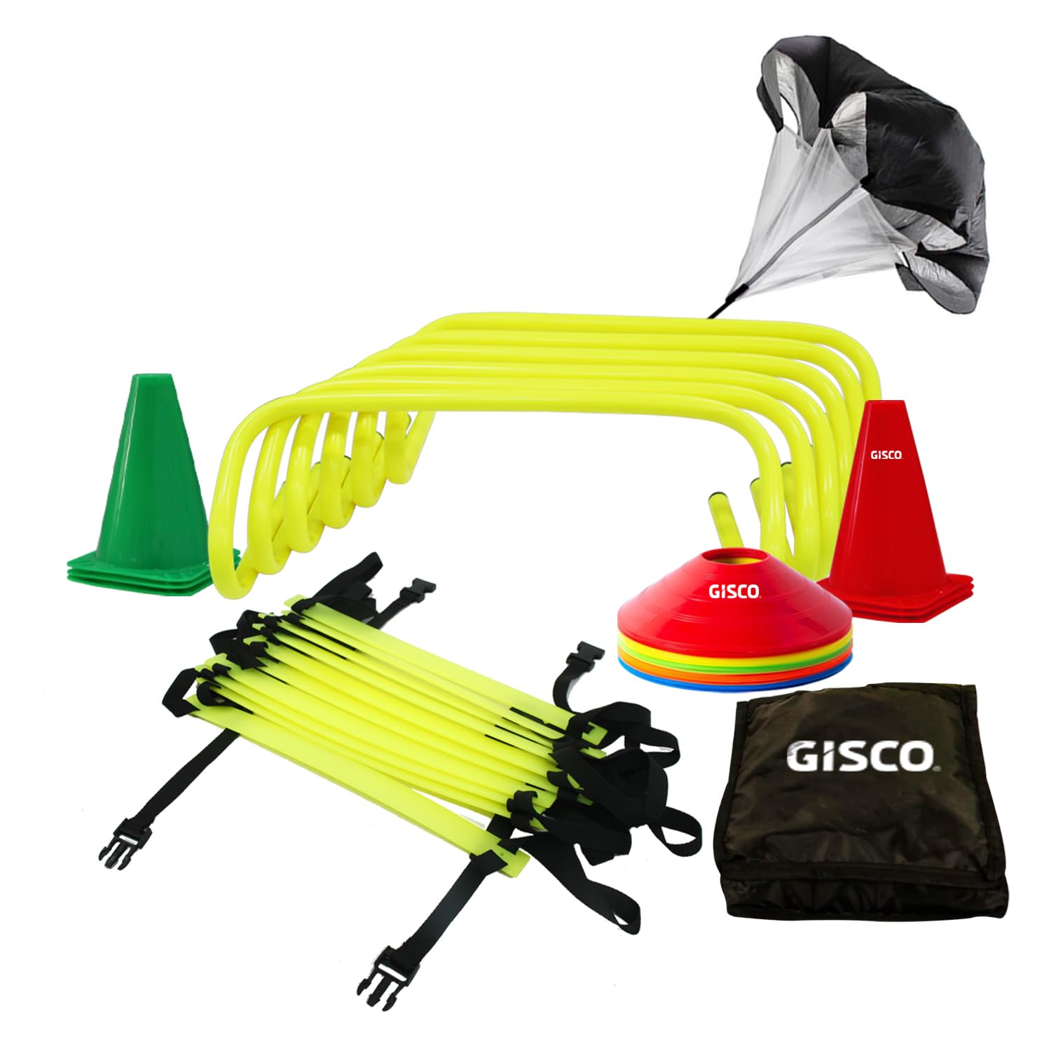 GISCO Speed and Agility Soccer Training Kit, Including 6" Hurdles - 6Pcs + 4 M Agility Ladder with Bag- 1 Piece + 6" Marker Cone - 6 Pcs + Space Marker -20 Pcs + Speed Chute Large - 1 Piece + Kit Bag