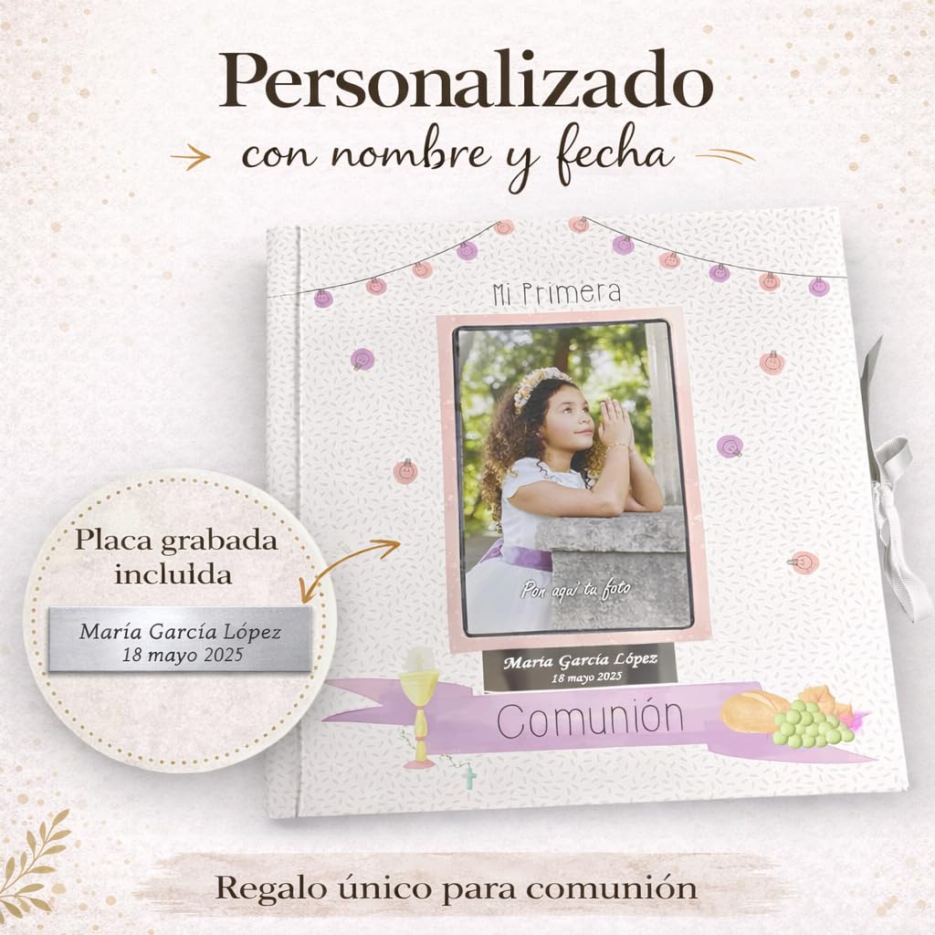 Libro de comunión para firmas y fotos, personalizado con placa grabada con nombre y fecha - Libro para dedicatarias - Album para comunión. (Rosa 24) - 3