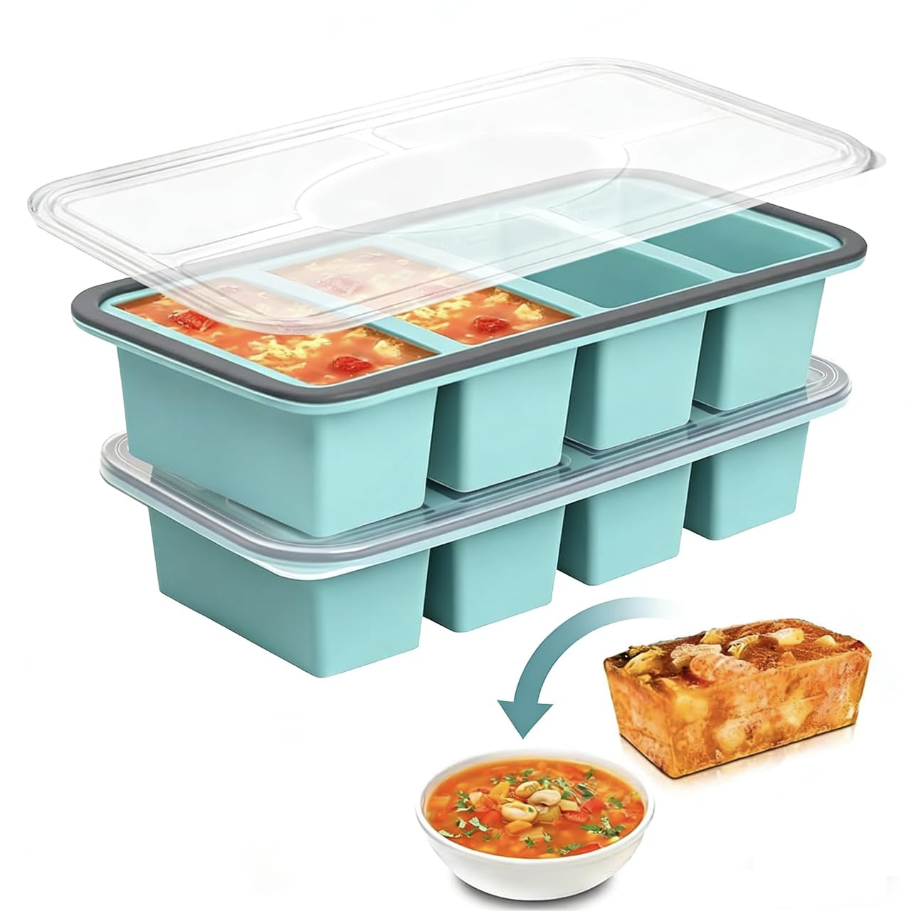 Hojalis 2Stück Suppen Einfrieren Behälter, Silikon Gefrierform Suppe mit Deckel 4 Gitter, 250ml Silikon Gefriertablett, BPA-frei, Stapelbare Gefrierbehälter für Suppe Brühe Sauce Eiswürfel (4 Gitter)