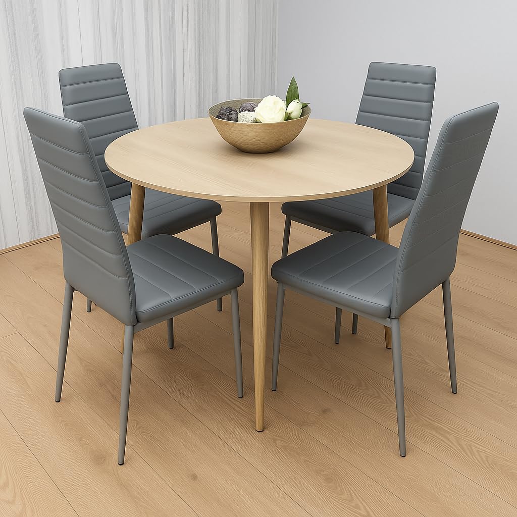 KOSY KOALA Round Dining Table and Chairs Set - Modern Wooden Kitchen Table with Padded Seating and 4 Grey Faux Leather Dining Chairs - 4 Seater Kitchen Room Furniture - 90 x 90 x 75 cm