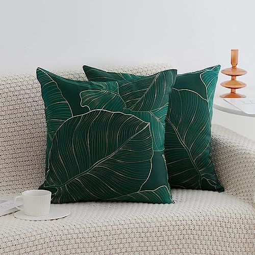 Emerald Green Tropical Leaves Throw Pillow Covers Set Of 2, Satin Decorative Abstract Natural Plant Leaf Pillowcase Minimalist Soft Square Cushion Covers For Living Room Bedroom Couch, 20 X 20 Inches #TOP2