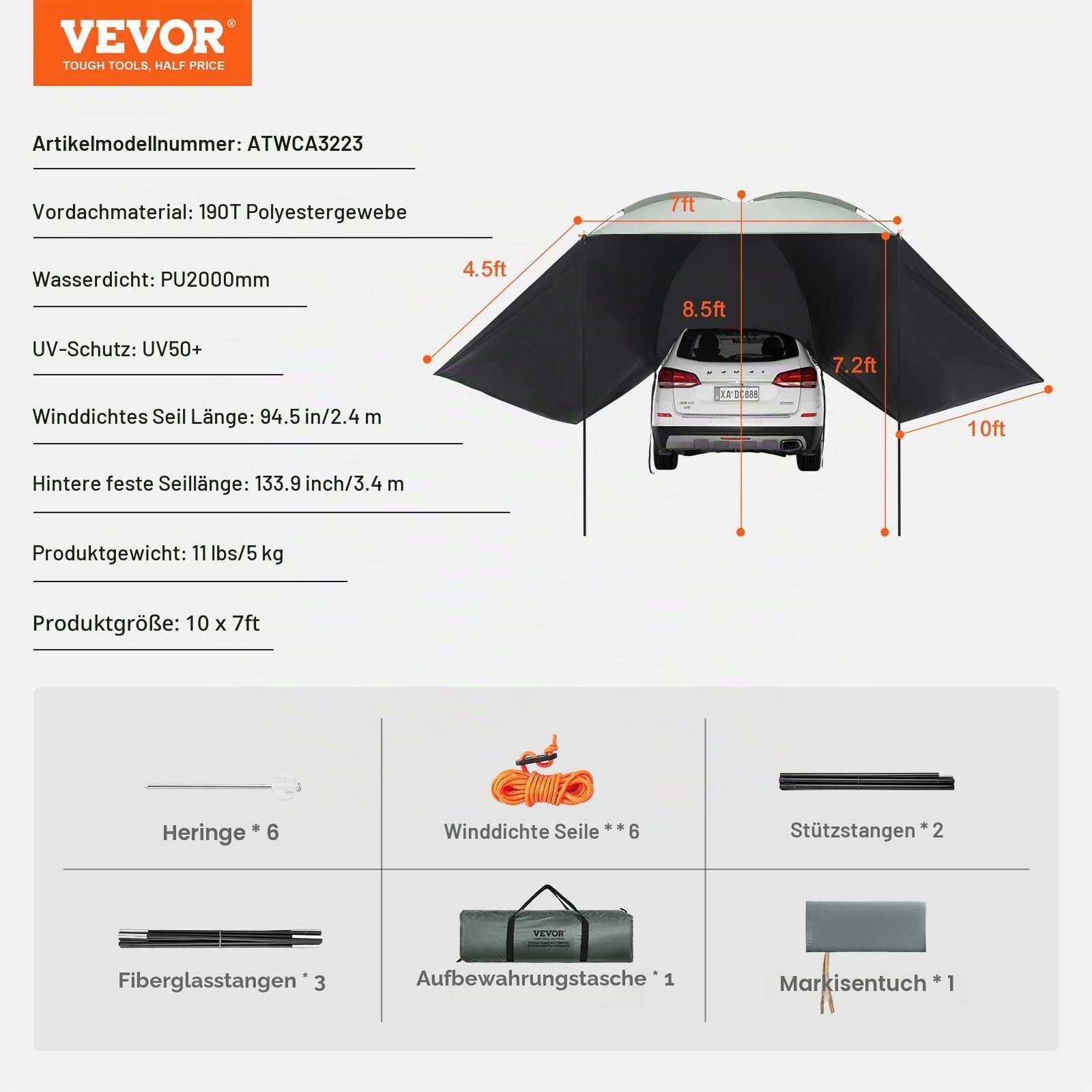 VEVOR Sonnensegel Wohnwagen 3x2,1m Sonnenvordach Wohnmobil UV50+ UV-Schutz Markise 190-T-Polyestergewebe Vorzelt PU2000mm Wasserdicht inkl. tragbarer Tasche Ideal für Camping Familientreffen Ausflüge