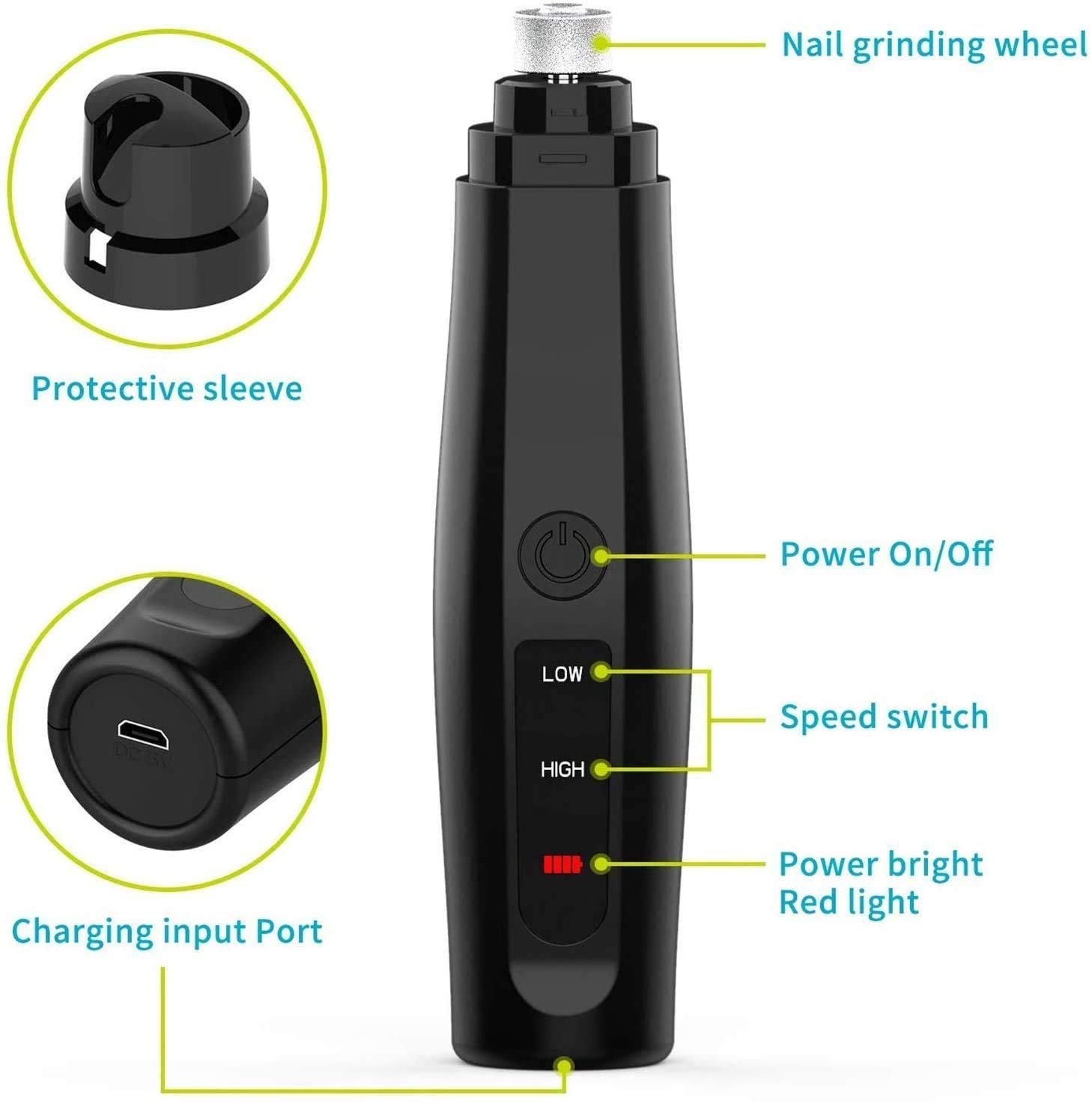Molinillo de uñas de 2 velocidades del clavo del perro Trimmer del clavo del animal doméstico eléctrico Piedra del clavo de la mascota eléctrica Patas sin dolor PAWS PILLINDER USB RECARGABLE ARI