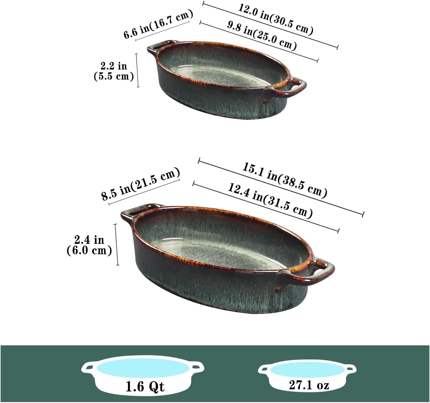 Baking Dish Ceramic Baking Dish、oval baking pan Set、Double handles Suitable for lasagna、Baking、Oven 12.4IN、9.8IN Reactive Glaze 2-Piece
