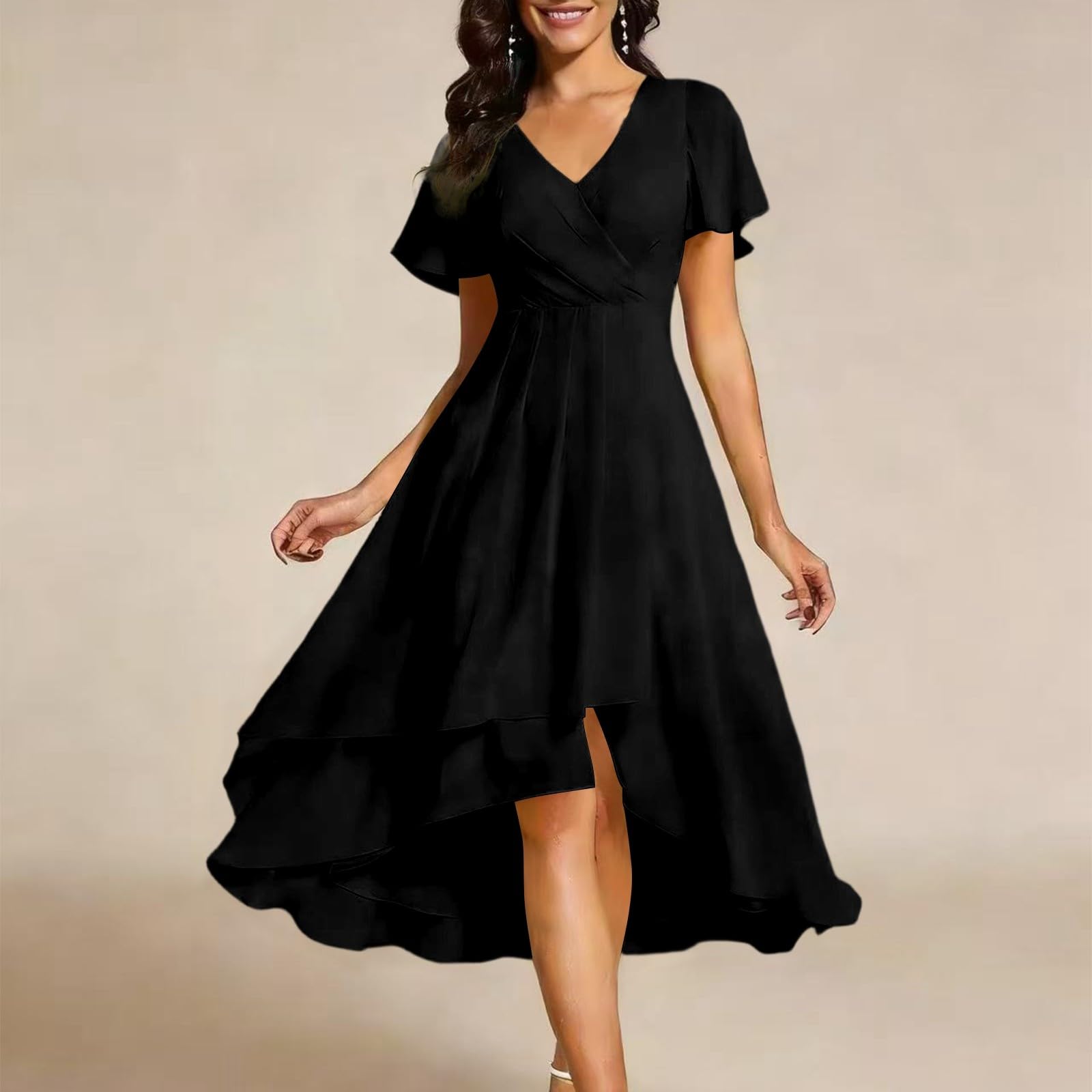 Vestido Gasa fluida Escote V Mangas Acampanadas, Evento Aire Libre Mujer