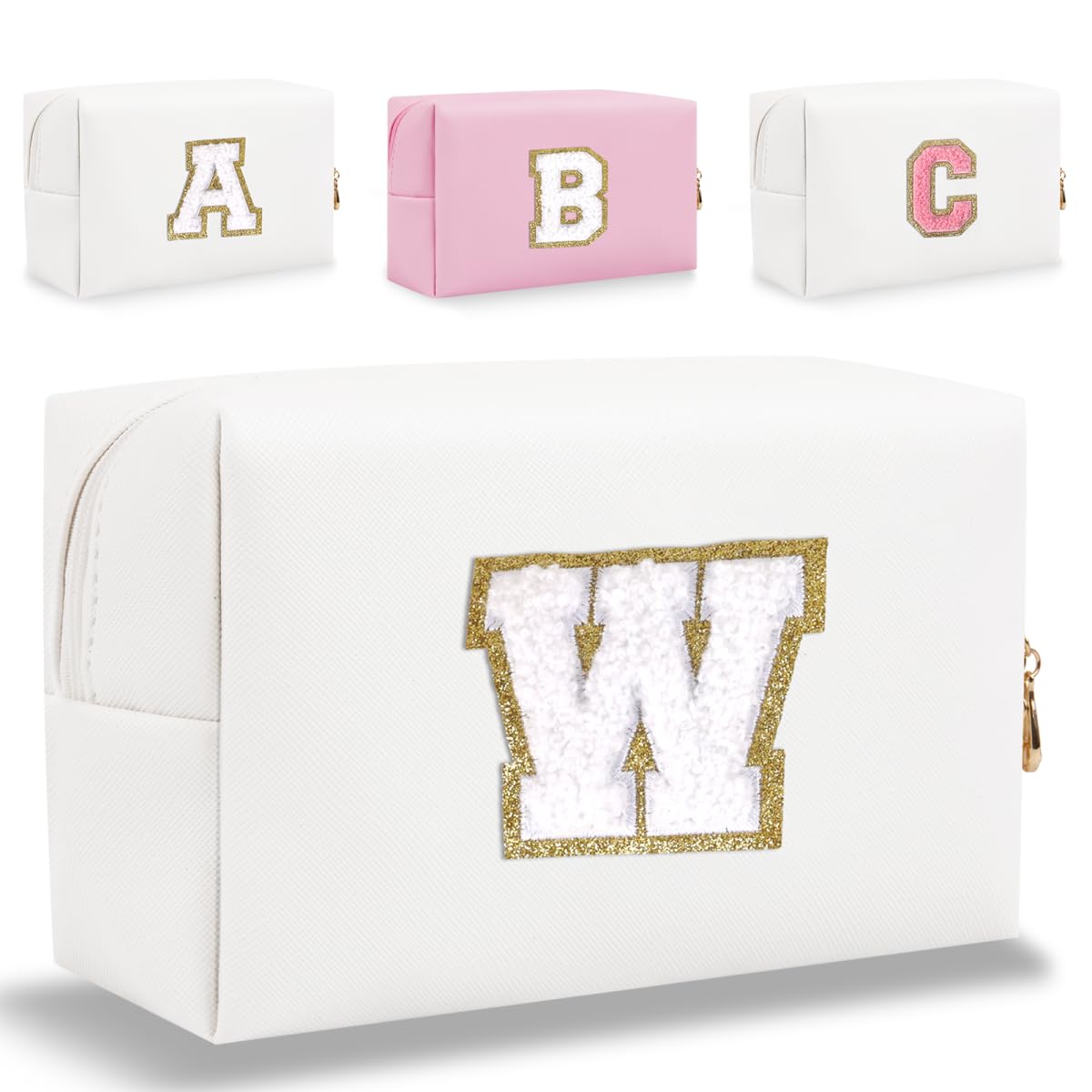 Small Personalized Letter Makeup Bag, Cute PU Leather Chenille Letters Cosmetic Bag Travel Makeup Pouch, Preppy Travel Organizer Zipper Pouch for