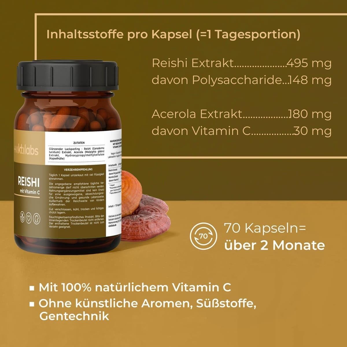 Viktilabs© - Premium Reishi Kapseln mit Vitamin C – Hochdosiert mit 495 mg Reishi Extrakt je Kapsel | 70-Tage-Vorrat | Laborgeprüft | Entwickelt in Deutschland | Vitalpilz Extrakt ohne Zusätze