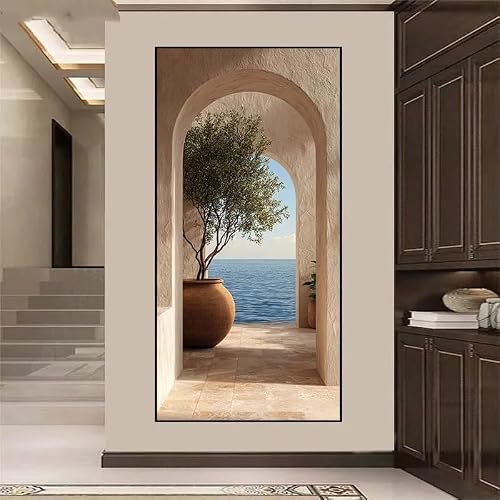 GOSRD Canvas Prints Poster Minimalist Wall Art Featuring Seascape With An Arch And Potted Tree, In Beige Blue White Coastal Decor(50X100cm/Frameless)