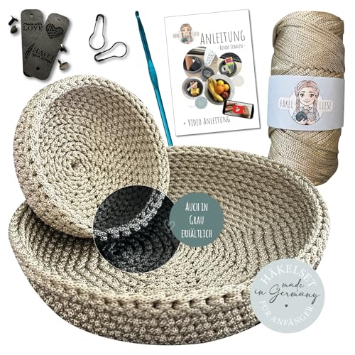 HÄKEL LIESE Häkelset für Anfänger - Schale Deko, Häckel Box mit Häkelwolle, Crochet Set, Schalen Set Häkeln Geschenk für Teenager, Häkeln Lernen (Beige)