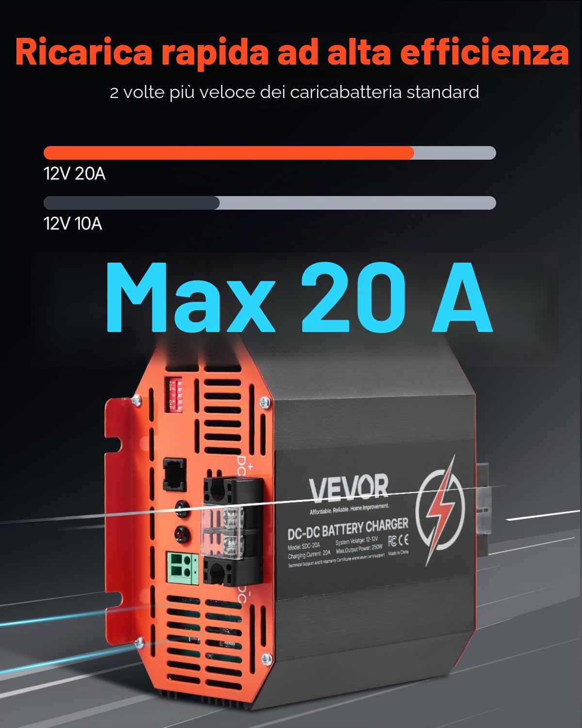 VEVOR Caricabatterie 12V 20A DC/DC, 250 W, Caricabatteria di Bordo per Batterie al Piombo, al Litio, AGM, GEL e Allagate, Ricarica Intelligente, per Camper, Veicoli Commerciali, Barche