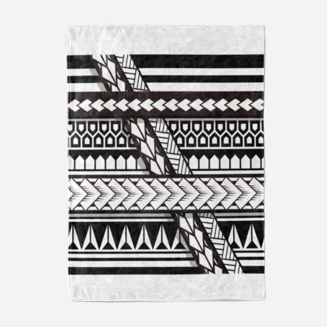 Black and White Throw Blanket Flannel Tribal Tattoo Samoan Band Maori Art Polynesian Texture Ethnic Cozy Blanket Home Blankets Soft Lightweight for Couch Sofa Living Room 40x50 Inch