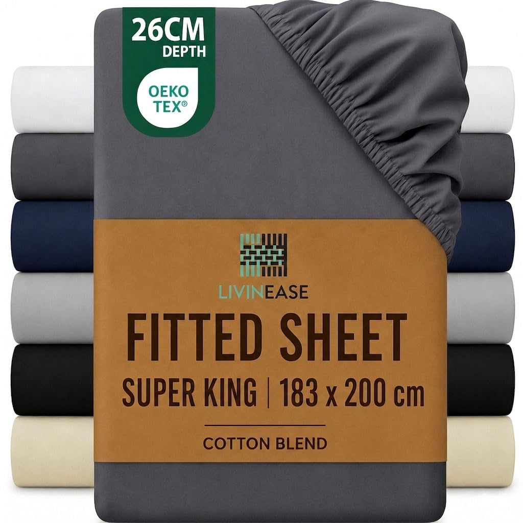 LivinEase Super King Fitted Sheet -10inch(26cm) Deep Cotton Blend Super King Size Fitted Sheets -Bobble Free, Easy Care, Soft & Comfortable Grey Bed Sheets (Grey, Super King)