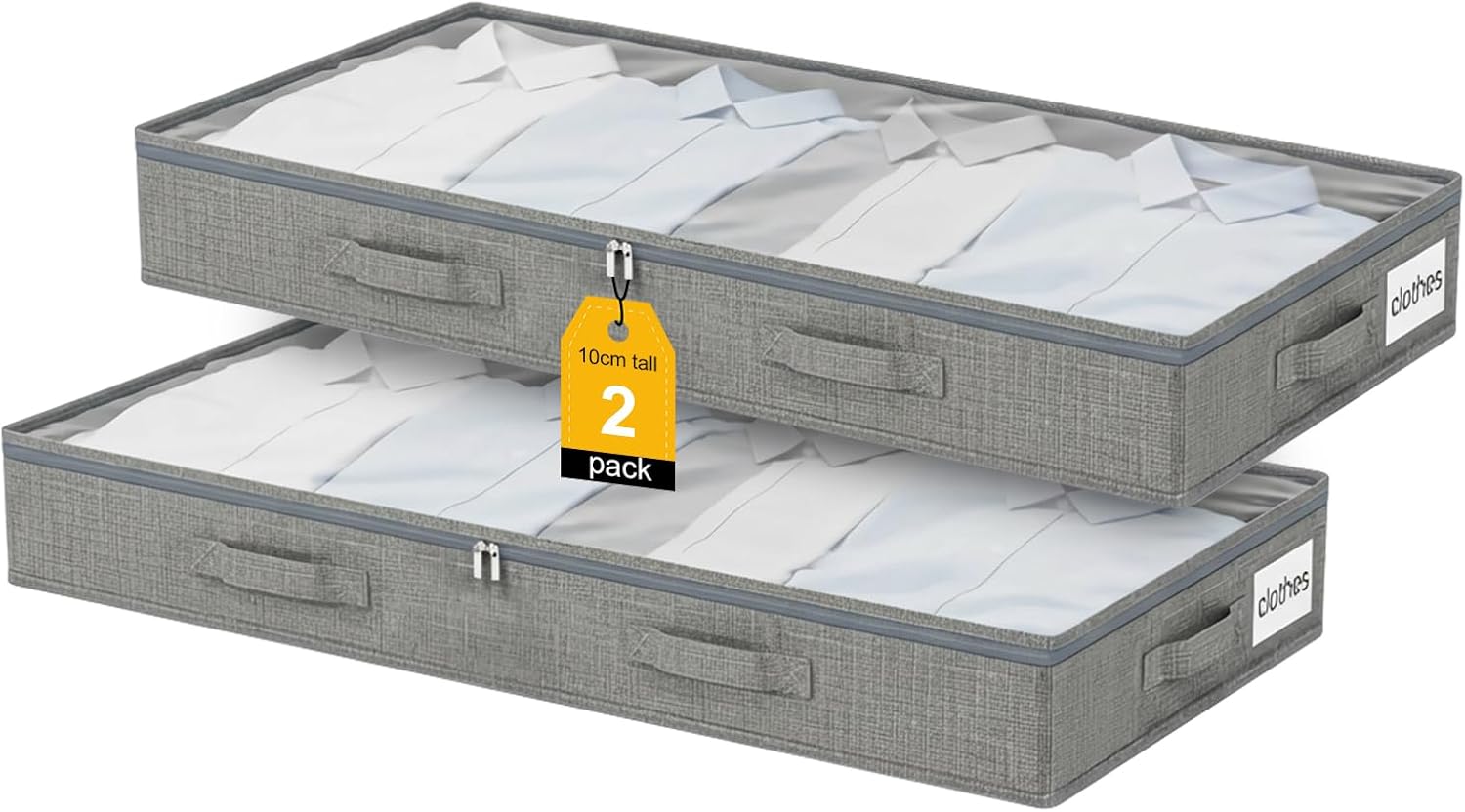Pudełko do przechowywania pod łóżkiem, 2 sztuki, 50 l, 10 cm wysokości, duże pudełko z zamkiem błyskawicznym, składana szafa na ubrania, kołdry i pościel