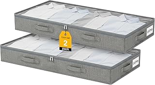2 Stück Unterbett Aufbewahrungsbox,50L Unterbettkommode,10 cm hoch große Box mit Reißverschluss faltbarer Kleiderschrank Organizer klarer Fenster verstärkt,für Kleidung, Bettdecken und Bettwäsche
