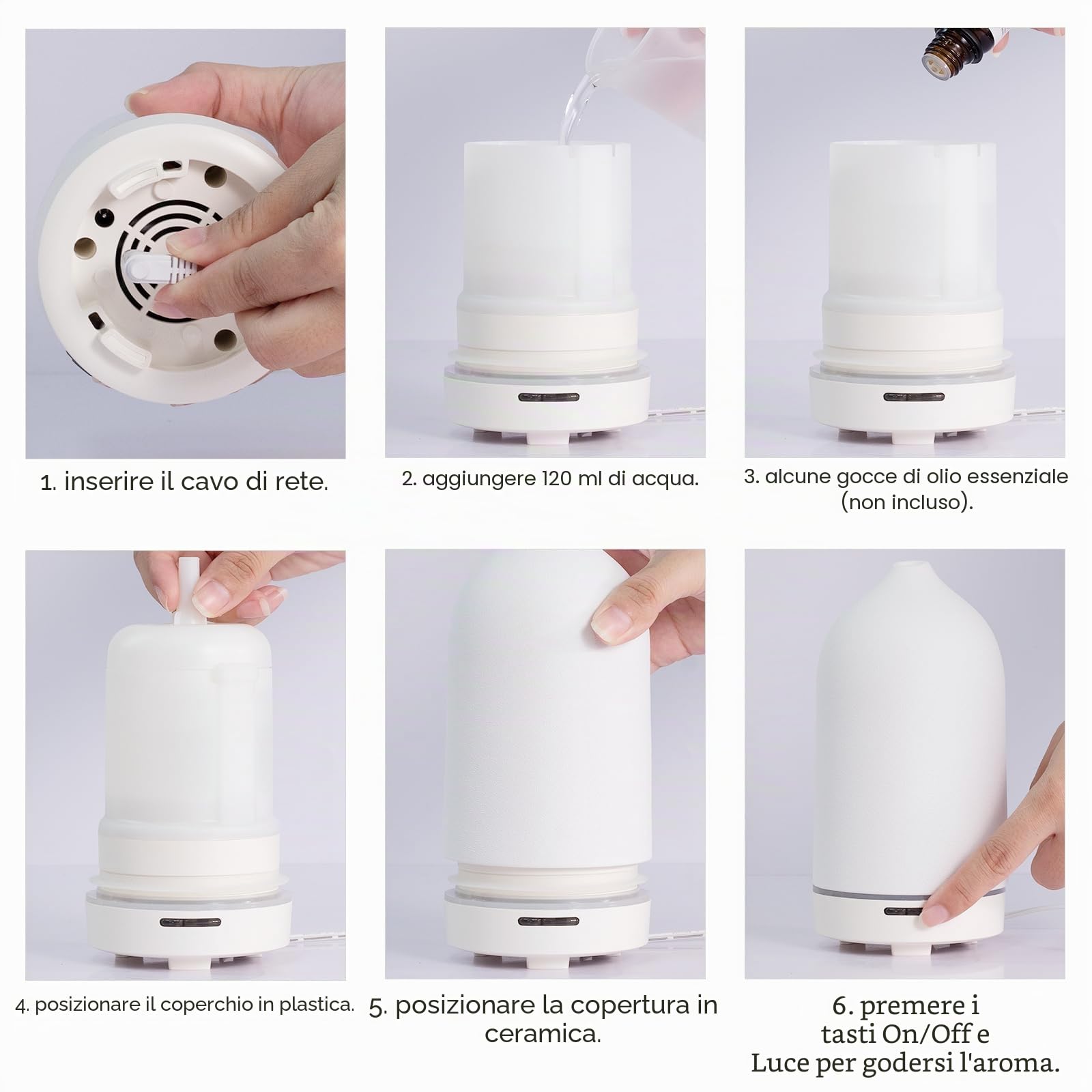 JESMAY Diffusore di aromi per oli essenziali, 120 ml, umidificatore di alta qualità, diffusore di oli essenziali in ceramica, senza BPA, per camera da letto, ufficio, spa (bianco)