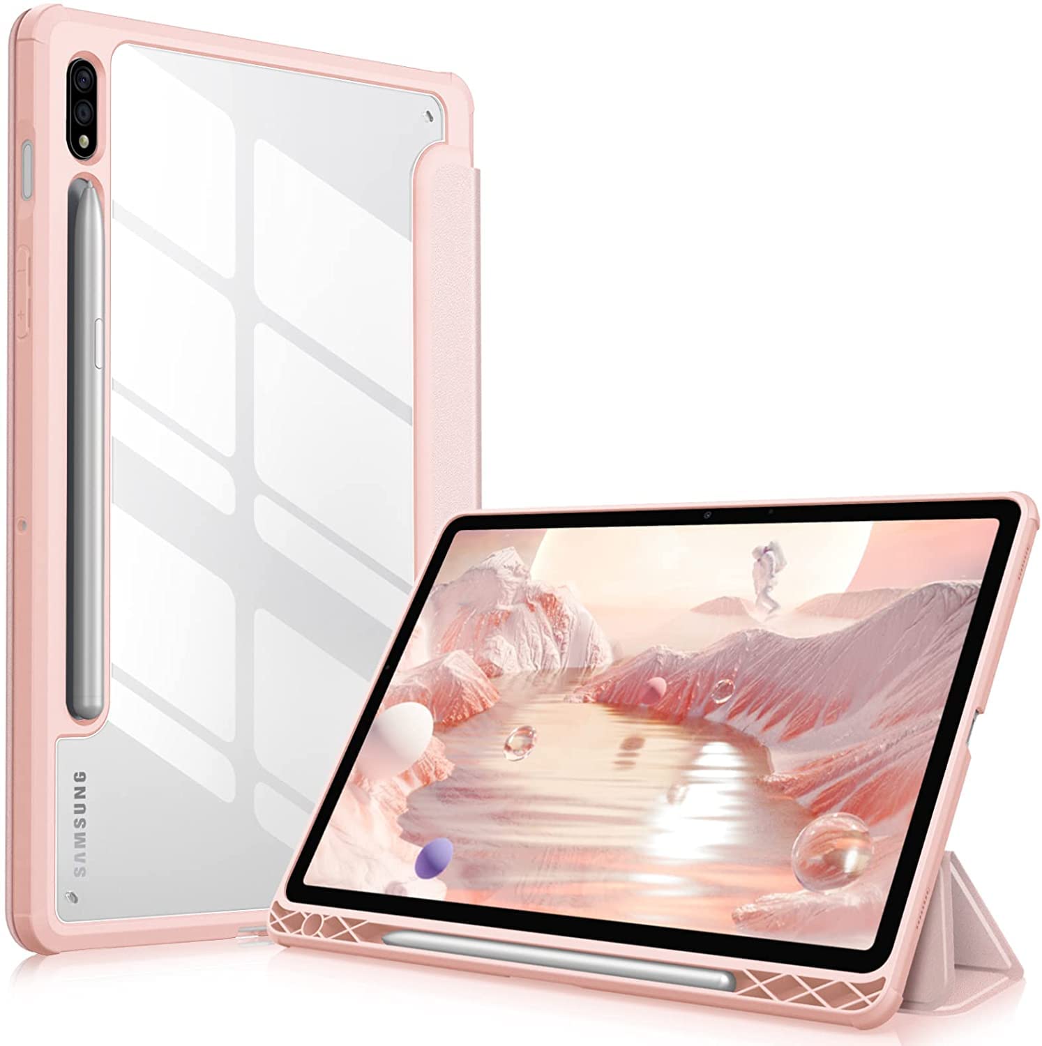 SwooK Hybrid Thermoplastic Polyurethane Case for Samsung Galaxy Tab S8 / S7 11"/27.9 cm SM X700 X706 T870 T875 T878 with S Pen Holder Shockproof Clear Back Shell Auto Wake/Sleep Flip Case (Rose Gold)