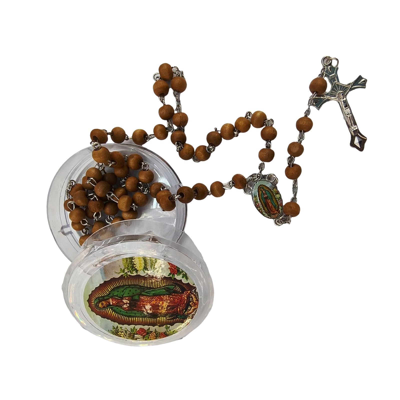 Shurhome Women's Brown Wooden Beads Rosary Necklace With Crucifix And Box For Devotional Practices Baptisms Catholic Prayer Neck Chain
