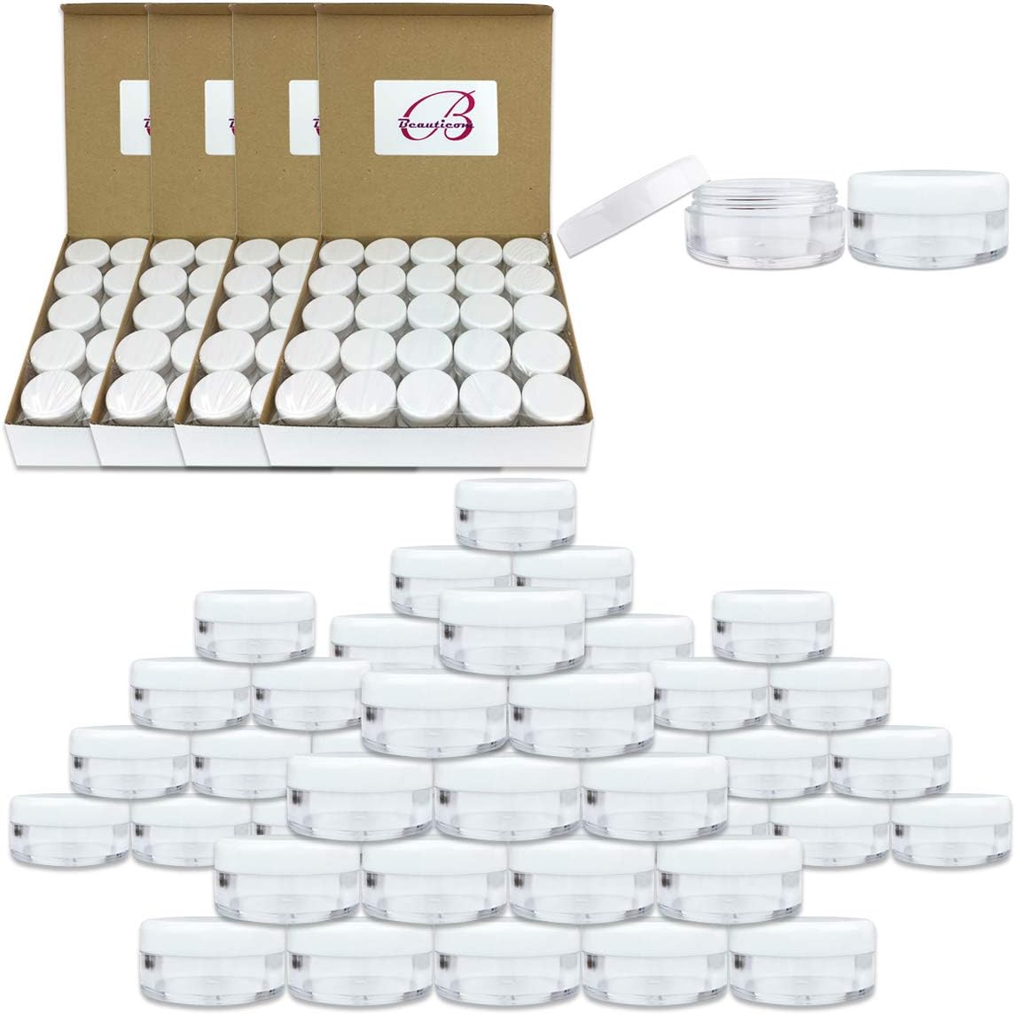 (500 Pcs) Beauticom 5G/5ML Round Clear Jars with White...
