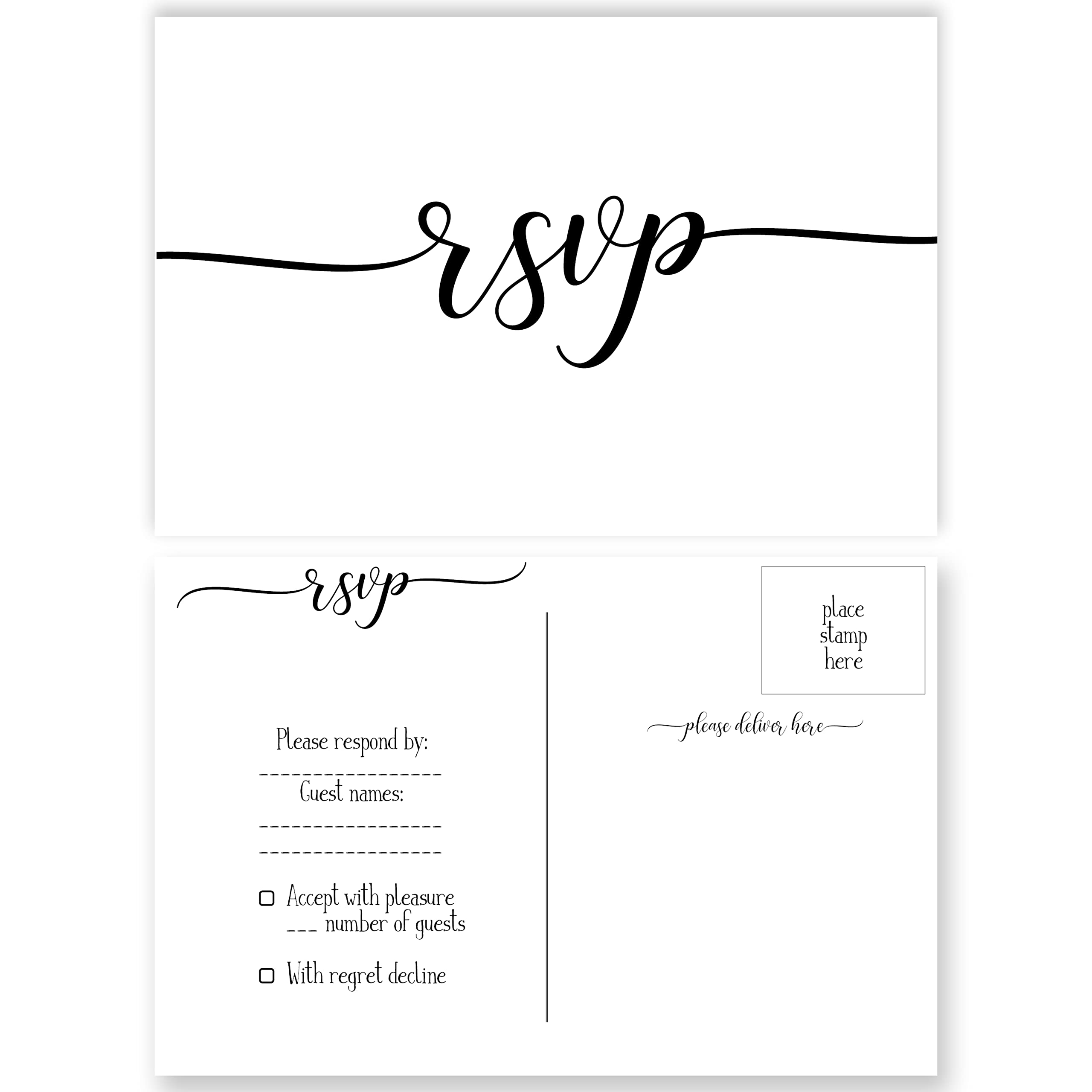 Manta MakesRSVP postcards 4x6 white with mailing side 50 pieces | calligraphy cursive design | blank response cards for wedding party bridal shower anniversary quality cardstock