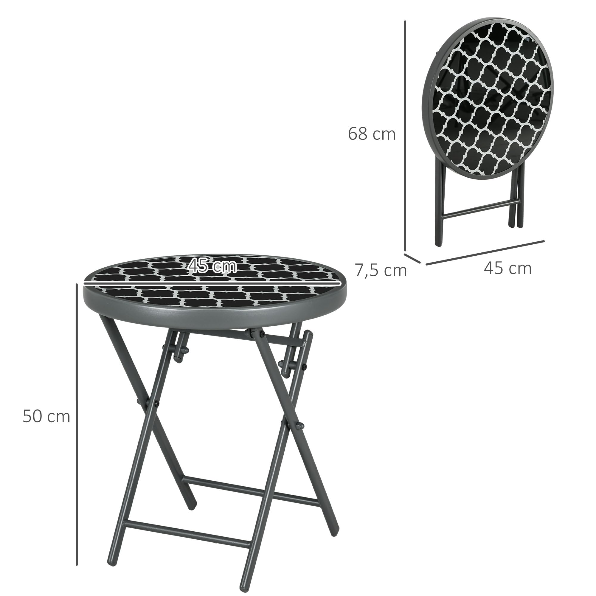 Outsunny Table Basse Pliante Verre trempé Métal Ronde 45cm Jardin Patio Balcon Noir Blanc