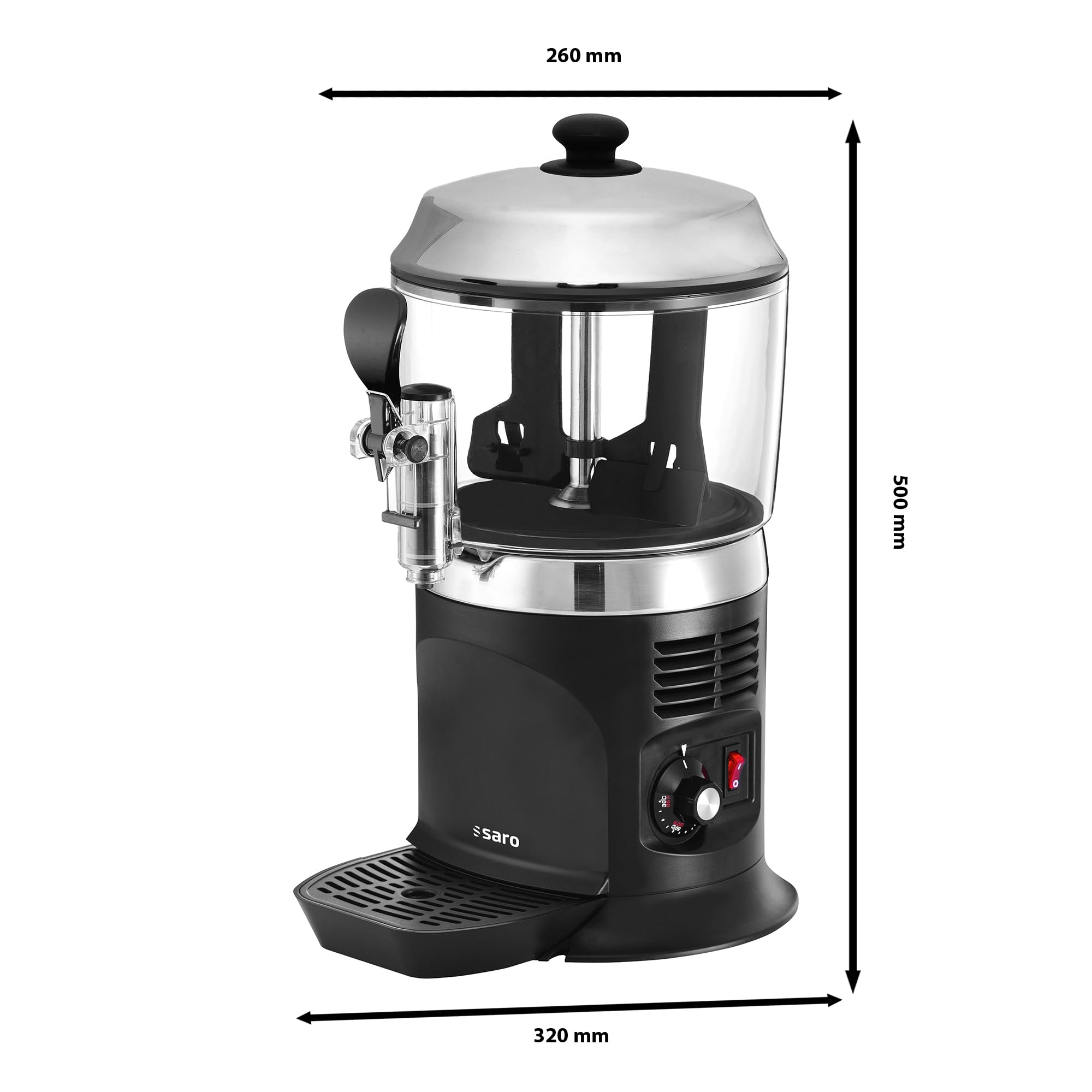 SARO NINA - Dispenser e agitatore di cacao, da 5 l, con temperatura regolabile in modo continuo da 30 a 90 °C, rubinetto, contenitore rimovibile, da 260 x 320 x 500 mm (l x P x H), 230 V, 1,1 kW