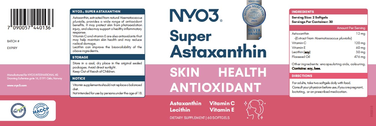 NYO3 Astaxanthine 12mg, compléments alimentaires antioxydants premium avec vitamines C et E, lécithine et huile de lin, 60 gélules molles, source fraîche de microalgues