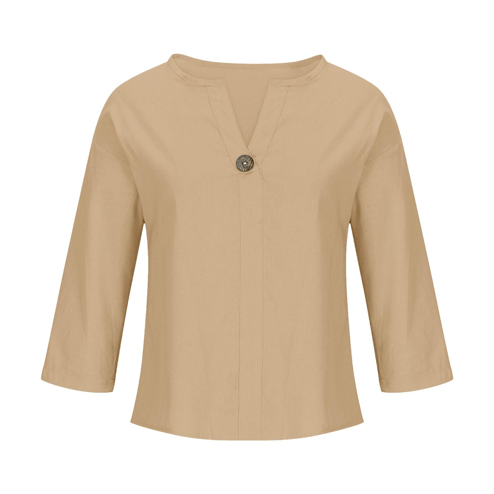 Generisch Sommer Leinenbluse Damen 3/4 Arm Luftige Musselin Shirt V Ausschnitt Knopf Bluse Chic Locker Einfarbig Shirt Leicht Modische Bequemer Oberteile Lässig Strand Top