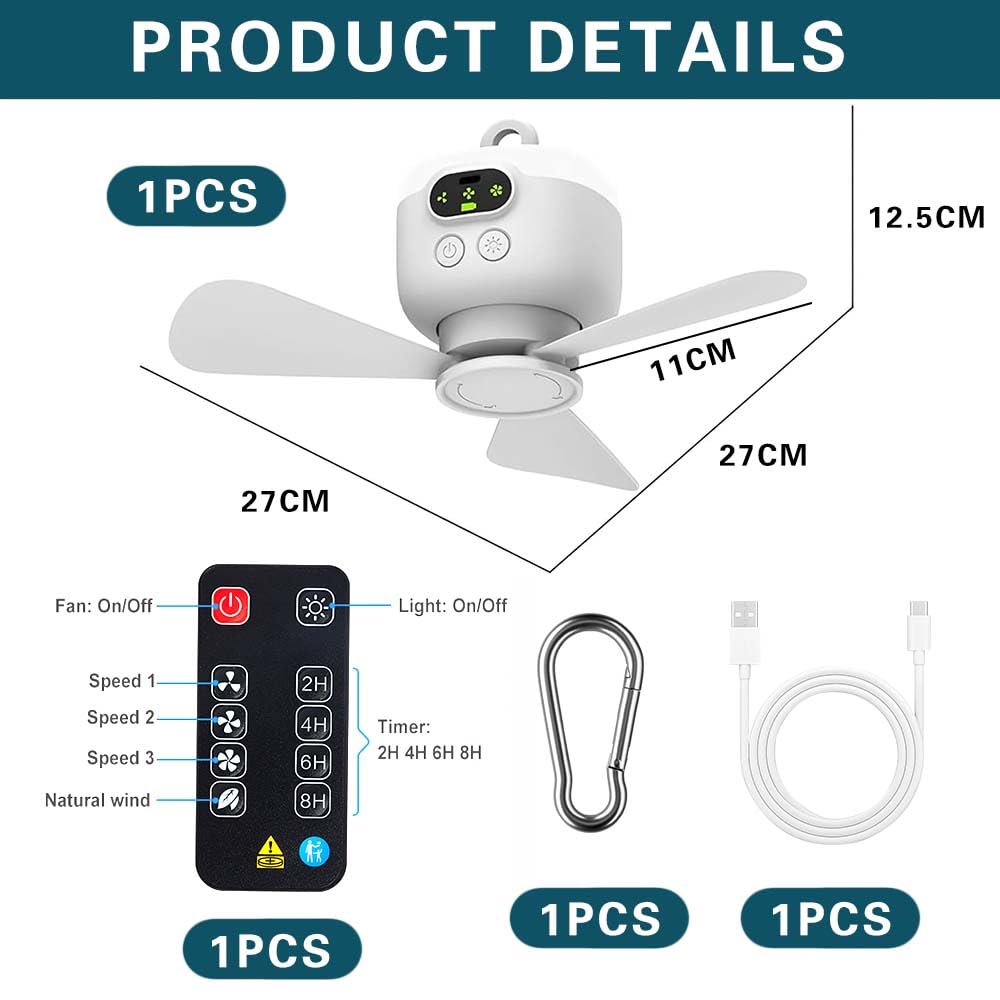 Lámpara Ventilador Techo con Mando a Distancia, Ventilador de Techo con Luz, USB Recargable Lámpara Ventilador con Velocidades, Temporizador, Ventilador de Camping con Linterna LED