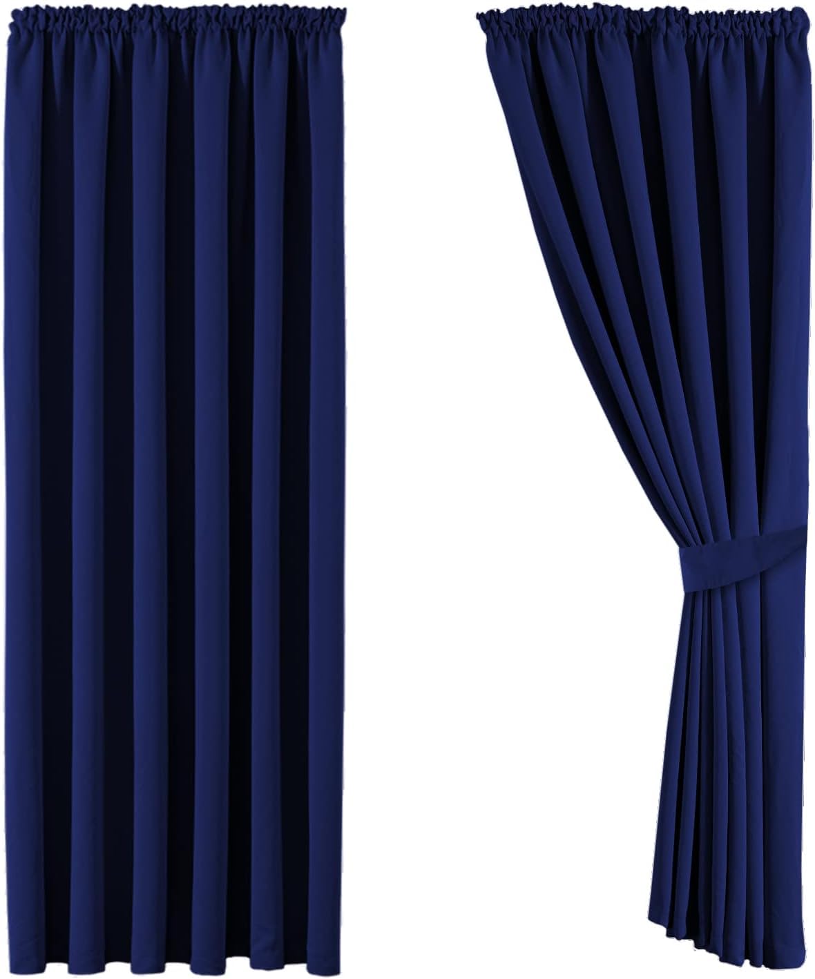 Aspire Homeware Super Soft Pencil Pleat Curtains 66x84 inch drop Thermal Insulated Energy Saving Navy Curtain Tape Top Door Curtains for Living Room 2 Panels with Tiebacks