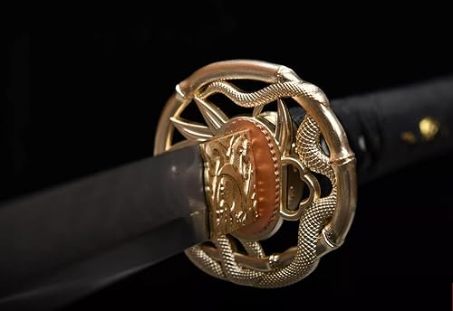 Miniatura 6 de HERO SWORD Espada samurái hecha a mano de 41 pulgadas, arcilla templada, diente de lobo real Hamon Advance, espada samurái, doble dragón, katana,