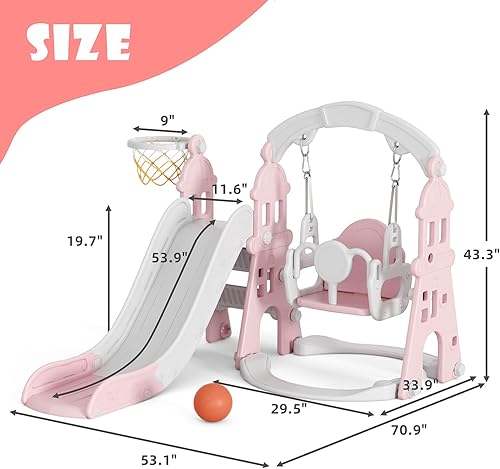 Miniatura 9 de YUFU Juego de tobogán y columpio 4 en 1 para niños pequeños con escalador, columpio, aro de baloncesto, juego para interiores y exteriores para