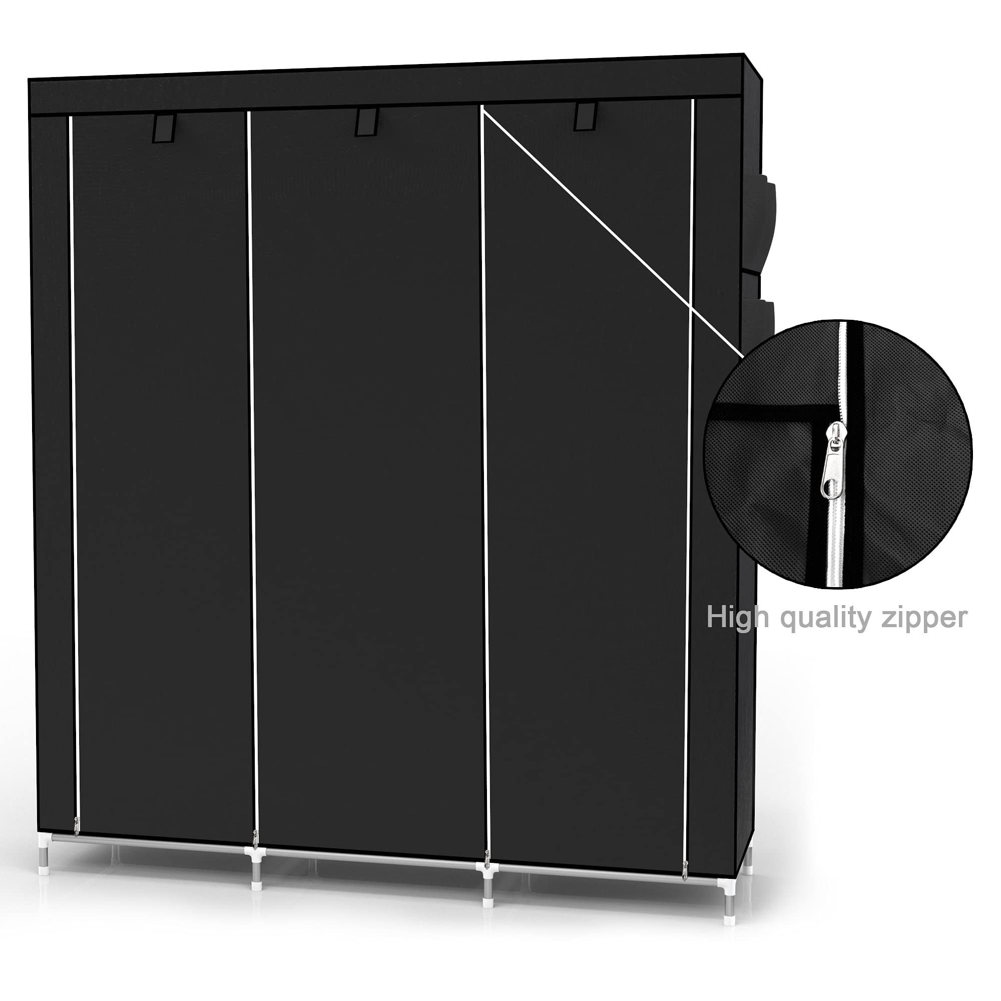 INTIRILIFE Faltschrank 130x175x45 cm in Raben SCHWARZ - mit Reißverschluss Stoffschrank Kleiderschrank mit Kleiderstange, Fächern und Seitentasche - Camping Steckschrank Textil Garderobe