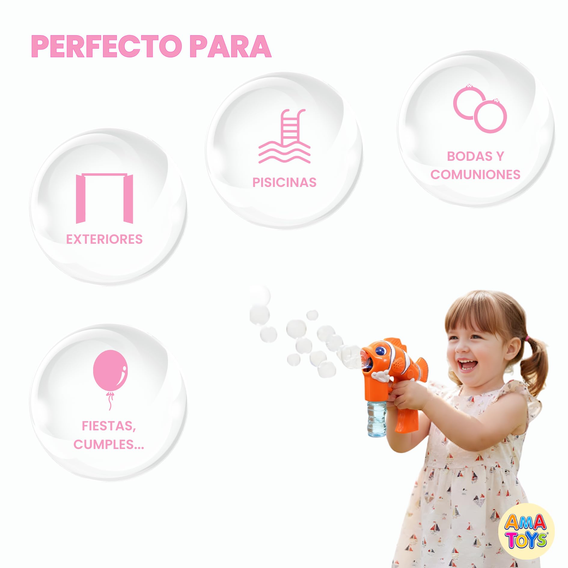 Pistola de Burbujas - Set de 3 - AMATOYS - Máquina de Pompas Automática con Luces - Forma de Animales - Pomperos para Niños y Niñas - Juguete para Piscina y Verano (PEZ_Naranja)