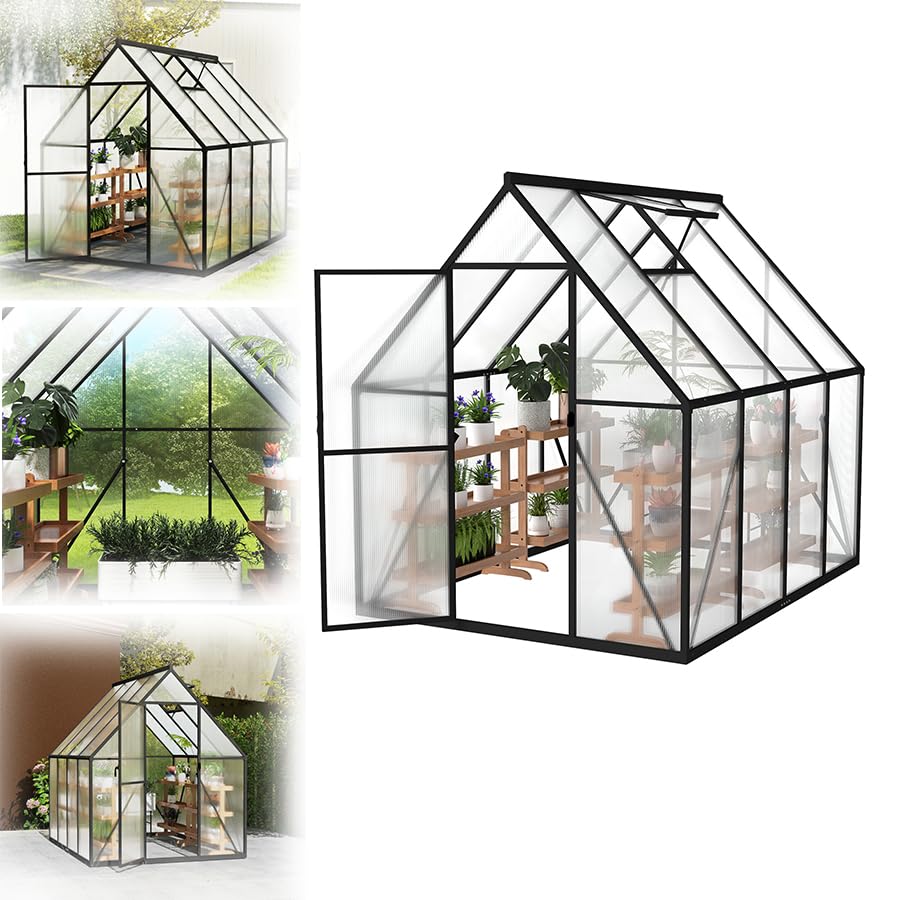 VA-Cerulean Gewächshaus mit Fundament 230x180x195 cm Tomatenhaus Treibhaus Gartengewächshaus Aluminium mit Schiebetür und Dachfenster - Stabil Winterfest UV-beständig