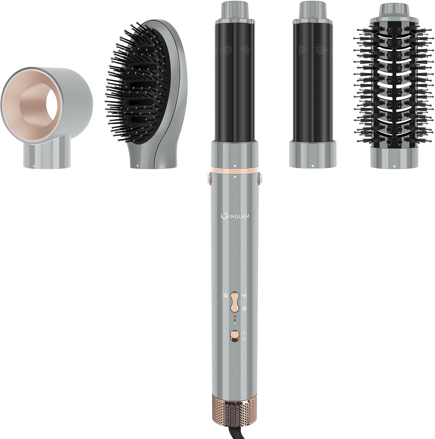 IG INGLAM MegaAIR Styler, 5 in-1 Professional Interchange Hair Dryer Brush 110,000 RPM Brushless BLDC Motor Ionic Hot Air Styler Volumizing and Shape, Gray Professional Gray