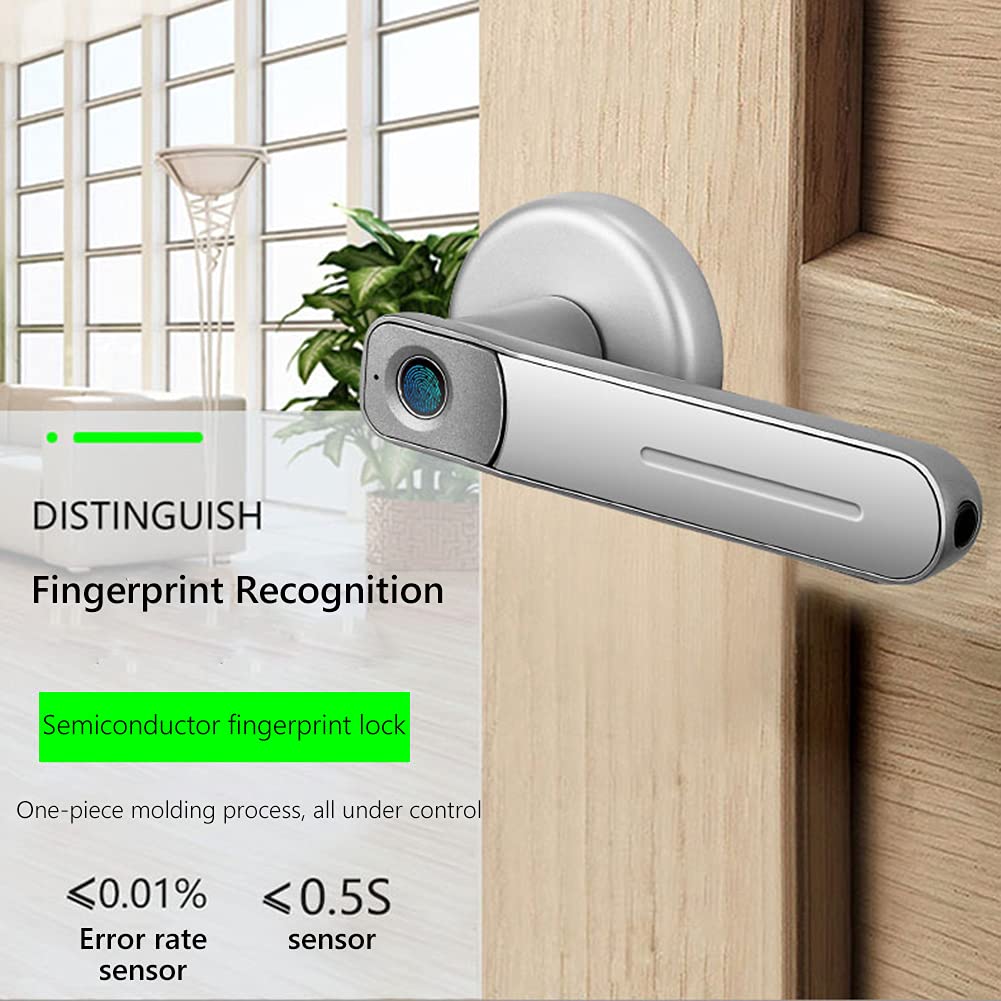 Inteligentny zamek, Blokada drzwi z czytnikiem linii papilarnych Uchwyt USB Akumulator Anti Theft Inteligentny biometryczny dostęp bezkluczykowy Zamek elektroniczny 2 kluczami(Silver)
