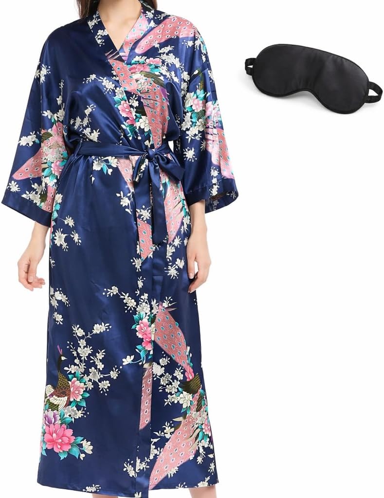 Women’s Long Kimono Robe Over the Knee Satin Peacock Floral Lightweight Sleepwear with Black Sleep Mask
